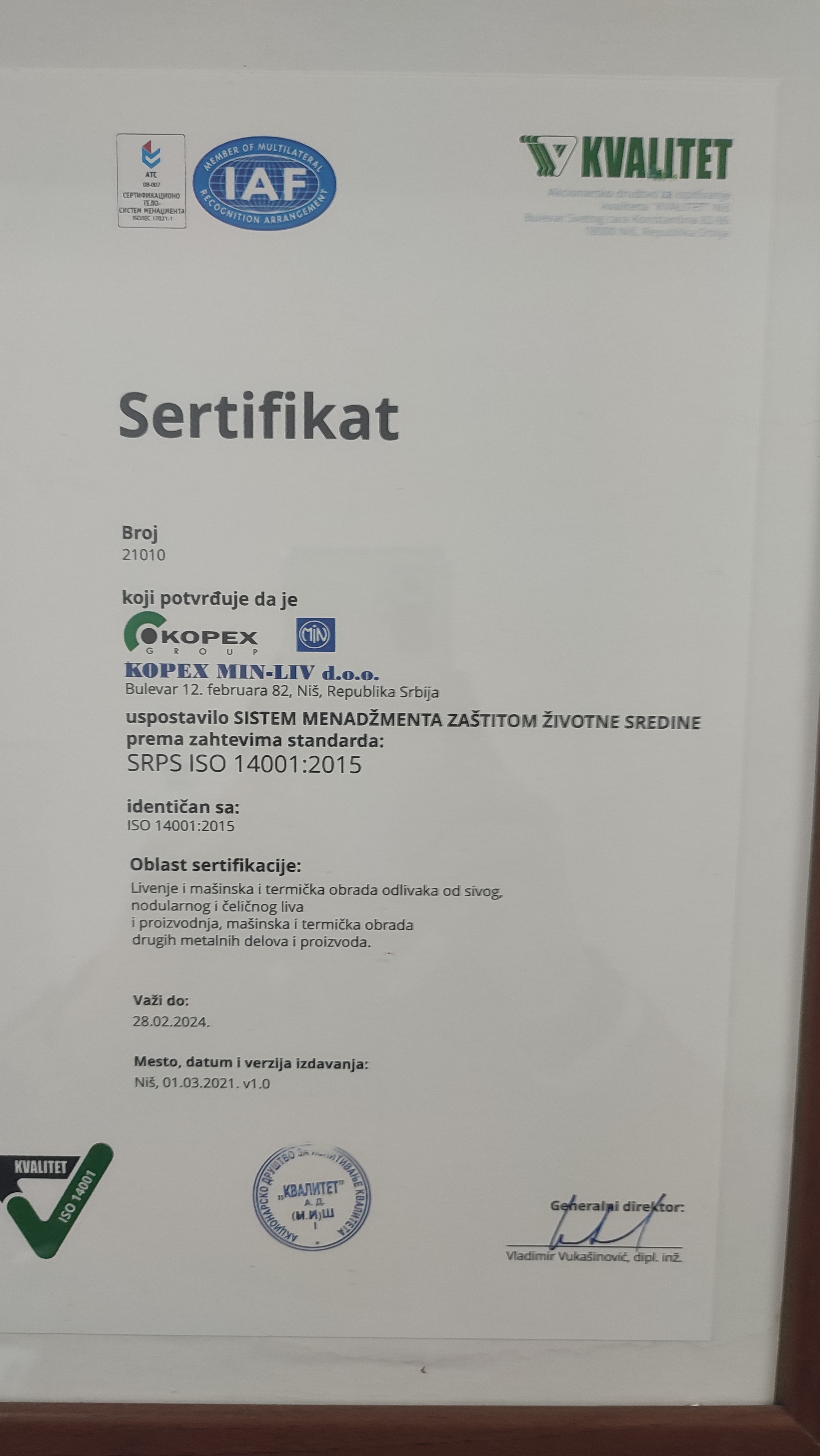 ISO 14001 sertifikat